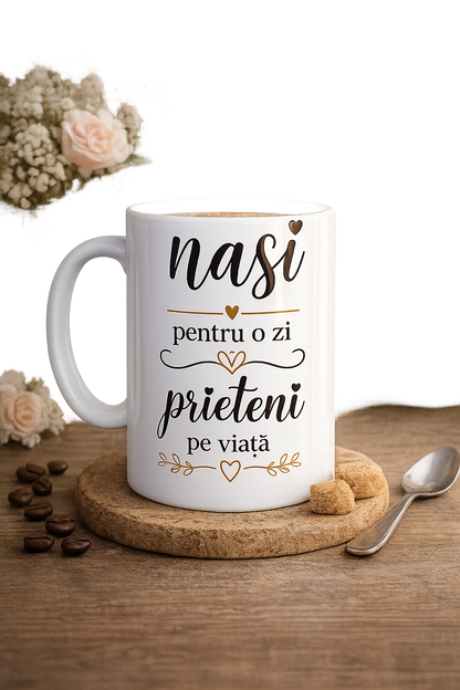 Cană personalizată – „Nași pentru o zi, prieteni pe viață” ☕💛